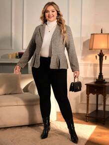 SHEIN Clasi Plus Houndstooth Fold Pleated Hem Blazer - Black and White - View 4