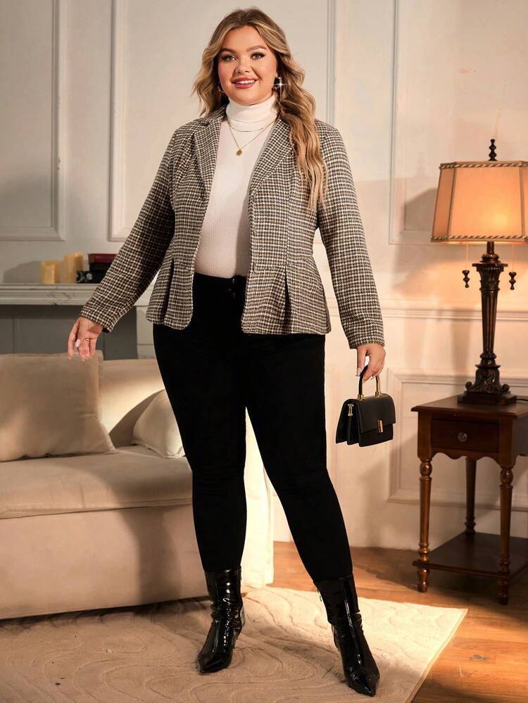 Plus Houndstooth Fold Pleated Hem Blazer