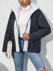 SHEIN Unity 双色拉链连帽棉服外套冬季 - 黑色 - 查看 5