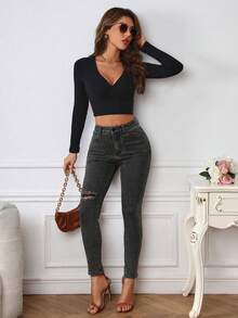 SHEIN Essnce 高腰破洞緊身牛仔褲 - 深灰色 - 查看 3