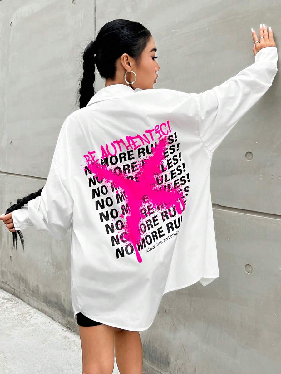 SHEIN Coolane Slogan Graphic Drop Shoulder Oversized Shirt - White - View 1