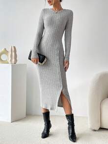 SHEIN Essnce 紐扣細節高衩條紋針織緊身洋裝 - 淺灰色 - 查看 5
