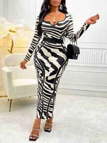 SHEIN Slayr Allover Print Notched Neckline Bodycon Dress - Black - View 3