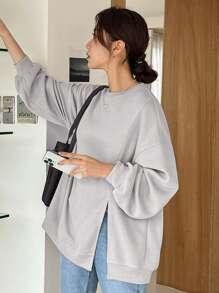 DAZY Drop Shoulder Split Hem Sweatshirt,Long Sleeve Tops,Fall Clothes,Back To School Clothes - Grey - View 1