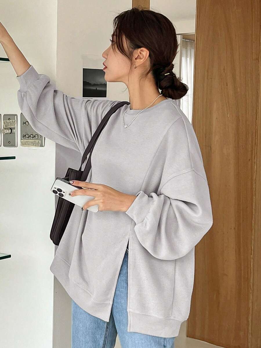DAZY Drop Shoulder Split Hem Sweatshirt,Long Sleeve Tops,Fall Clothes,Back To School Clothes - Grey - View 1