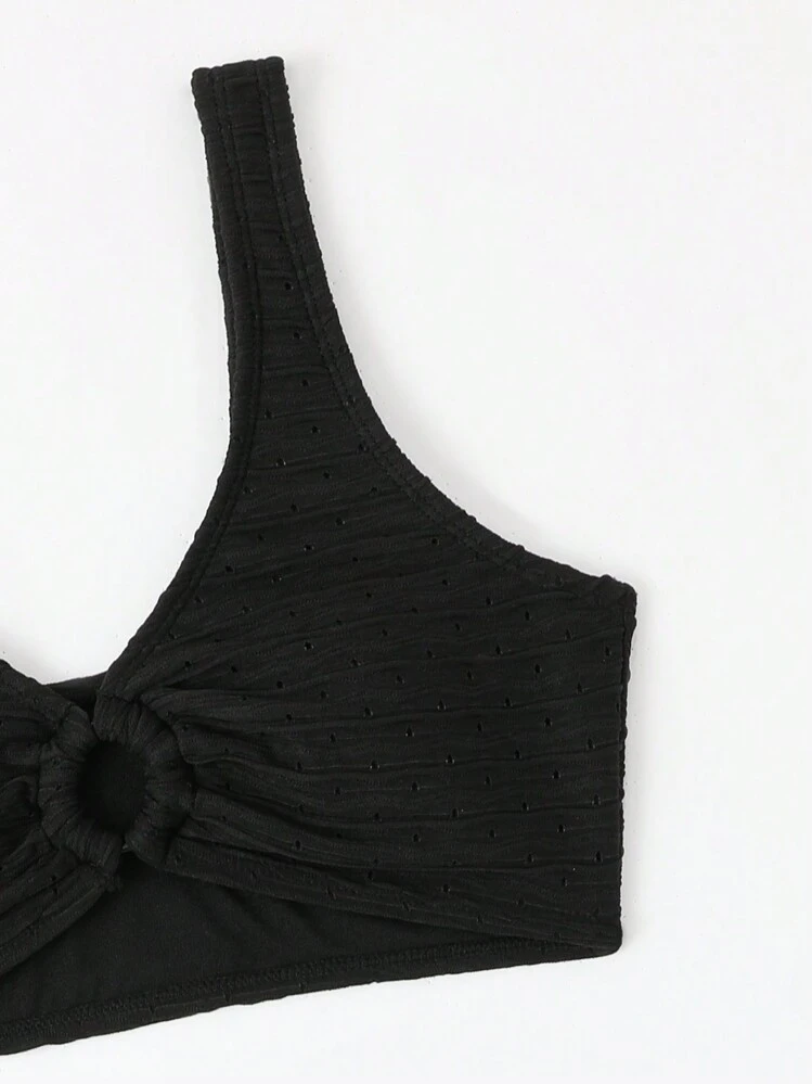 Conjunto de bikini de tres piezas de unicolor con cordón y plisados para adolescente, para verano y playa - Negro - Ver 4