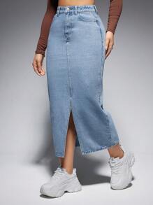 SHEIN EZwear 女士牛仔半身裙 - 藍色 - 查看 5