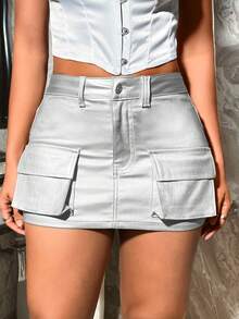 SHEIN BAE 金屬質感翻蓋口袋牛仔半身裙