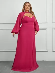 SHEIN Belle 大碼伴娘連衣裙,可拆卸兩件式和長袖設計 - 玫紅色 - 查看 4