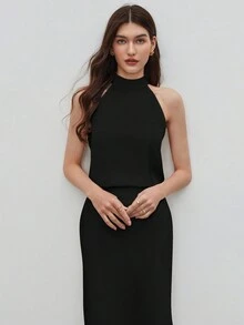 BizChic 女士纯色宽松吊带衫，简约都市通勤基础款时尚优雅商务休闲上衣，适合办公室、教师穿着 - 黑色 - 查看 4