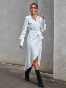 SHEIN Essnce Chi tiết về Flap Bao bên Váy có thắt lưng - trắng - Xem 5