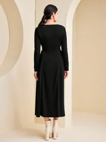 Seusyu Chất rắn Ren Up Side Đầm - màu đen - Xem 2