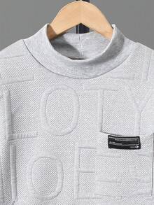 SHEIN Tween Boy Patched Detail Letter Embossed Mock-neck Sweatshirt & Sweatpants - Grey - View 5