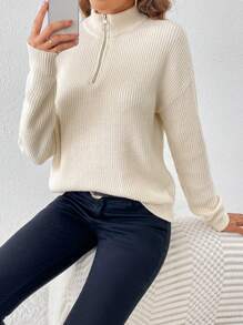 SHEIN LUNE Pull Zippé Côtelé Épaule Tombante