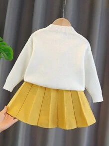 SHEIN 女小童花卉刺繡開襟衫&百褶針織短裙