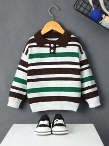 SHEIN Chico joven Jersey con patrón de rayas de cuello polo de hombros caídos - Multicolor - Ver 1