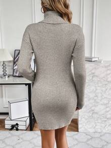 SHEIN Essnce Turtleneck Drop Shoulder Sweater Dress - Light Grey - View 2