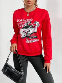 SHEIN Unity Đồ họa ô tô và chữ cái Thả vai Áo nỉ - Đỏ - Xem 5