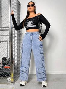 SHEIN ICON 大碼側翻蓋口袋工裝牛仔褲 - 淺色水洗藍 - 查看 4