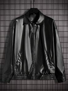 Manfinity Homme Men's Solid Color Zipper Pu Leather Jacket - Black - View 9