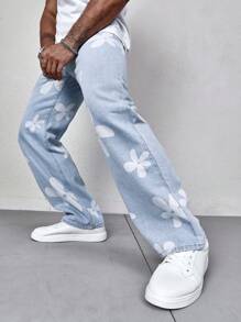 Manfinity Homme Nam Họa Tiết Chân Thẳng Quần Jean Baggy Dài Rửa Sạch Jean Hàng Hóa Đồ Họa Đồng Bằng Màu Xanh Đảng Ngộ nghĩnh Cặp Đôi Phù Hợp - Rửa trung bình - Xem 5