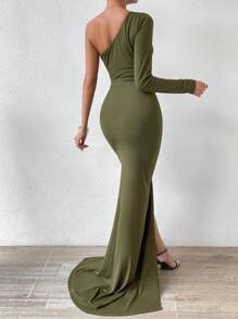 SHEIN Privé One Shoulder Ruched Split Thigh Dress - Army Green - View 3