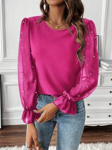 SHEIN Clasi Pearls Beaded Flounce Sleeve Blouse - Hot Pink - View 4