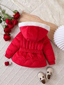 Baby Girl Contrast Trim Hooded Belted Padded Coat - Red - View 2