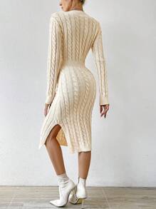 SHEIN Essnce Cable Knit Split Thigh Sweater Dress Without Belt - Apricot - View 2