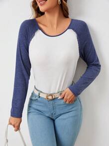 SHEIN LUNE Ren tương phản Tay Raglan Áo thun - Màu xanh hải quân - Xem 1