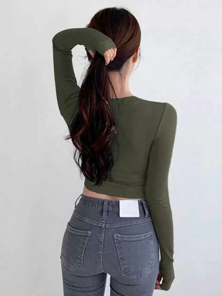 Women's Solid Color Cropped T-Shirt,Fall Clothes Long Sleeve Women Tops