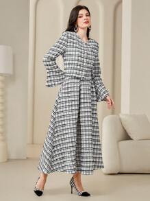 Modelyn 女性格紋印花釦扣襯衫，搭配喇叭袖和裙子的套裝 - 彩色 - 查看 3