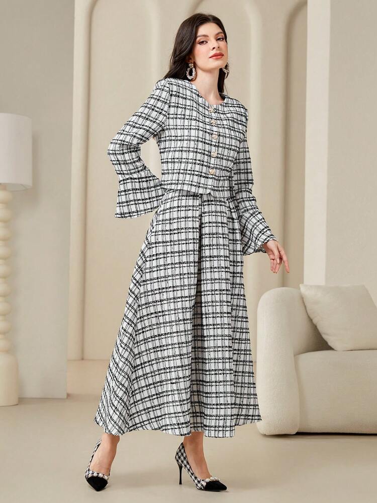 Modelyn 女性格紋印花釦扣襯衫，搭配喇叭袖和裙子的套裝 - 彩色 - 查看 3