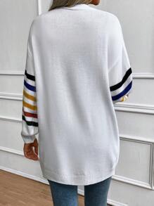 SHEIN Essnce 條紋圖案落肩袖開襟開衫 - 白色 - 查看 2