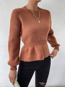 SHEIN Essnce Drop Shoulder Split Hem Sweater - Brown - View 3