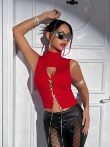 SHEIN ICON Ladies' Chain Strap Cutout Knit Top - Red - View 1