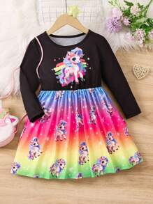 女小童獨角獸印花漸層洋裝 - 彩色 - 查看 1