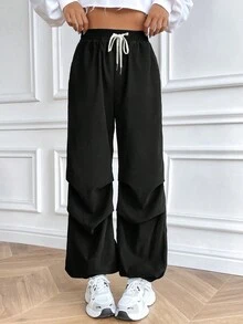 SHEIN Unity Chất rắn Eo dây rút Quần - màu đen - Xem 4