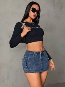 SHEIN ICON 翻蓋口袋牛仔半身裙 - 深色水洗藍 - 查看 5