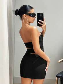 SHEIN ICON Button Detail Cut Out Tube Bodycon Dress - Black - View 8