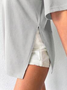 Cottnline Solid Split Hem Drop Shoulder Tee - White - View 4