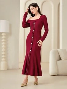 Modelyn 女士纯色不对称领口前排纽扣连衣裙长款晚礼服 - 紅色 - 查看 3