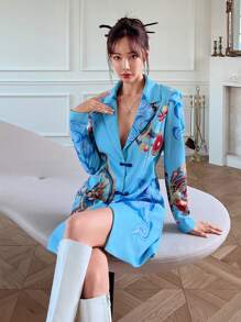 EastFlair Chinese Dragon Print Lapel Neck Frog Button Front Blazer Dress - Blue - View 4