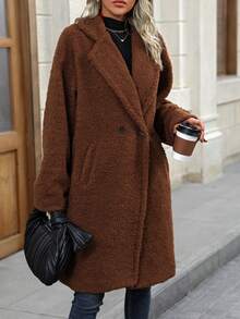 SHEIN LUNE Lapel Neck Slant Pocket Double Button Teddy Coat - Brown - View 3