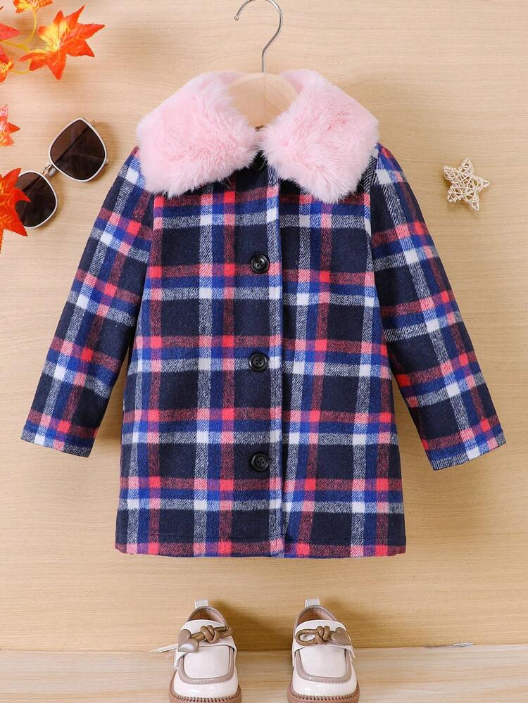 Toddler Girls' Sweet & Cool Plaid Woolen Coat For Autumn And Winter