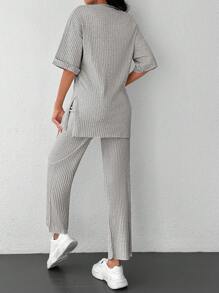 Cottnline Drop Shoulder Split Hem Tee & Trousers - Light Grey - View 2