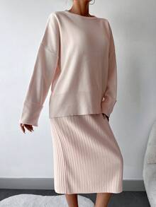 EURMUSE Conjunto informal de 2 piezas de camiseta de manga larga con hombros caídos y pantalones de unicolor para mujer - Rosa - Ver 5