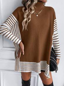 SHEIN LUNE 條紋圖案高領落肩袖下擺開叉套頭毛衣 - 棕色 - 查看 5