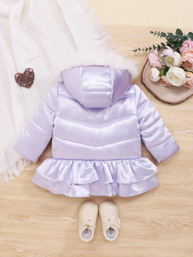Baby Girls' Casual Purple Satin Padded Hooded Coat With Collar