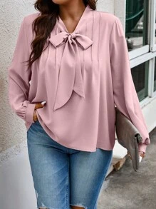 SHEIN Privé Plus Tie Neck Lantern Sleeve Blouse - Dusty Pink - View 3